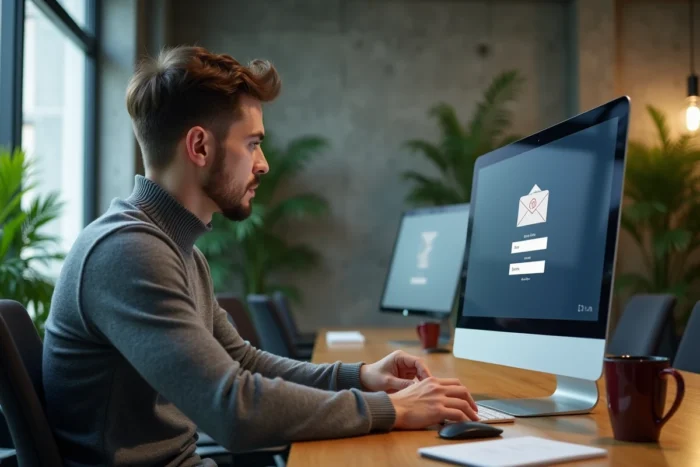 Homme consultant sa messagerie email Neuf Mail sur un ordinateur de bureau dans un espace de coworking