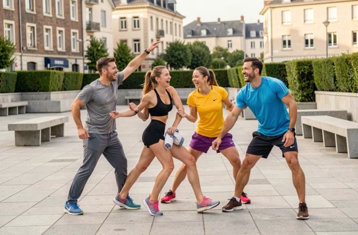 Groupe d'adultes faisant du sport en plein air sur une place publique à Cholet