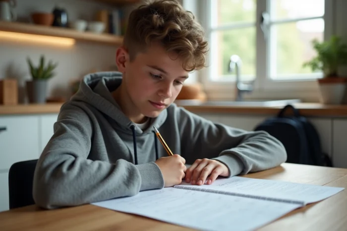 Adolescent révisant ses annotations de devoir noté 14 sur 20 à la maison après l'école