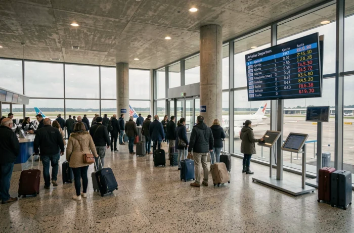 Aéroport français avec tableau des départs affichant des vols vers la Corse et voyageurs en attente