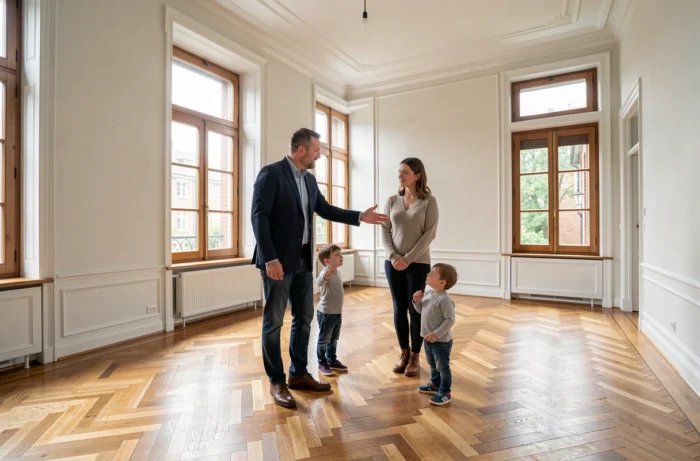 Agent immobilier présentant une maison ancienne à parquet en Belgique à une famille lors d'une visite