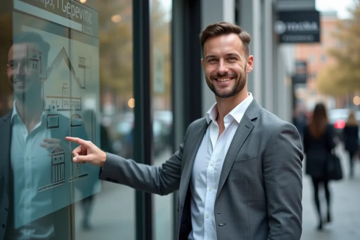 Agent immobilier devant une agence immobilière moderne avec vitrine numérique présentant des annonces en ligne