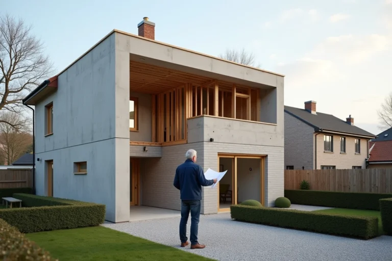 Maison individuelle avec extension latérale en construction, architecte consultant des plans à l'extérieur