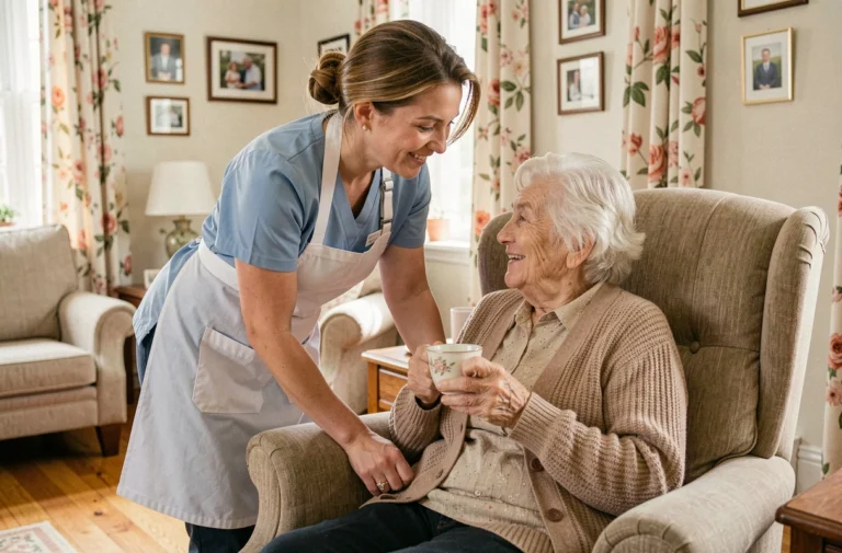 Aide à domicile Age d'Or Services assistant une personne âgée dans son salon, illustration des prestations et tarifs 2026