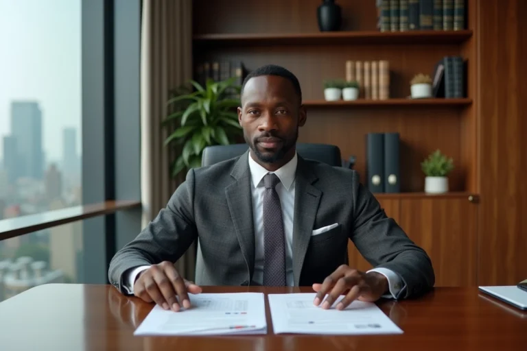Entrepreneur africain multimillionnaire discret assis à son bureau dans un bureau exécutif moderne