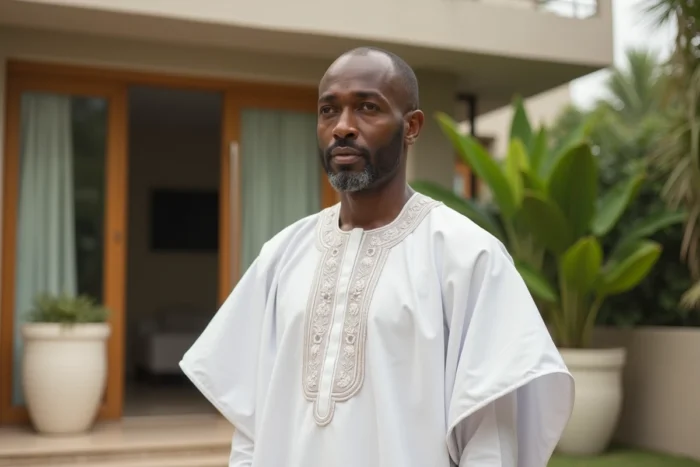 Homme d'affaires africain influent en tenue traditionnelle sur la terrasse d'une villa contemporaine