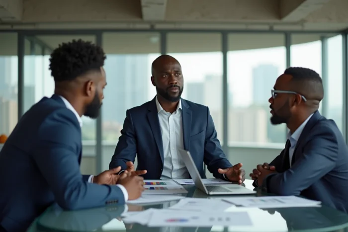 Réunion d'affaires d'un entrepreneur africain prospère dans une salle de conférence moderne