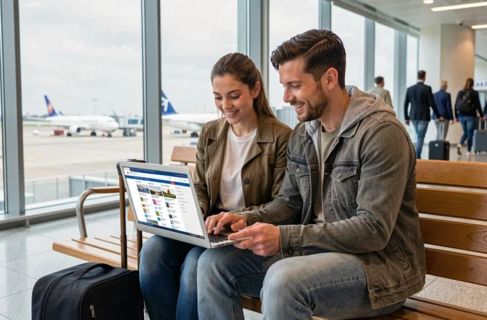 Deux amis planifiant leurs voyages sur un site de découverte dans un salon d'aéroport moderne
