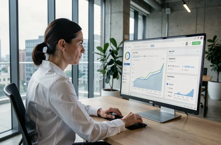Professionnelle analysant des données SEO et graphiques de référencement sur un écran d'ordinateur dans un bureau moderne