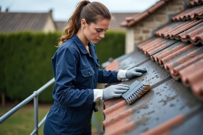 Professionnelle appliquant un traitement hydrofuge sur des tuiles poreuses d'un toit de maison en pierre