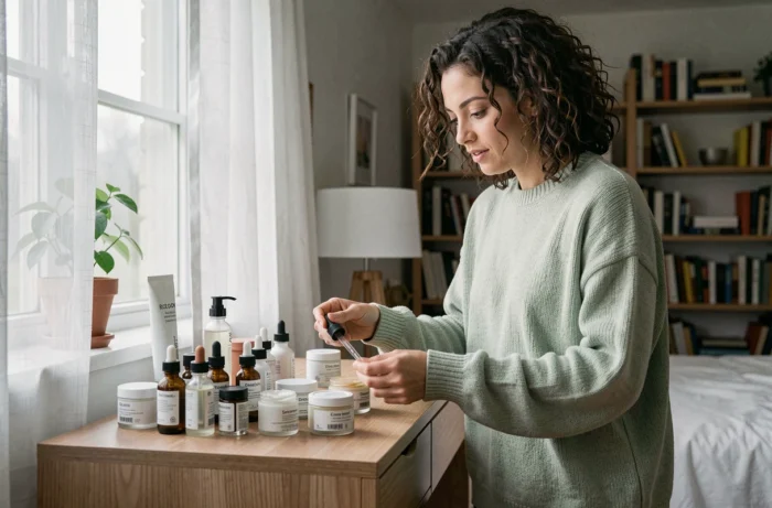 Jeune femme aux cheveux bouclés naturels examinant des sérums et crèmes de soin sur une coiffeuse en bois minimaliste chez elle