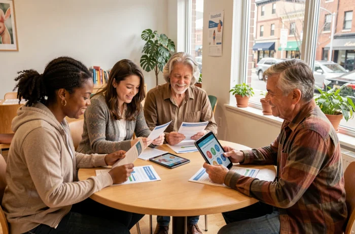 Groupe d'adultes participant à un atelier de santé communautaire sur la prévention et la compréhension des maladies
