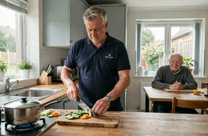 Auxiliaire de vie Age d'Or Services préparant un repas pour un senior à domicile, prestations et tarifs 2026