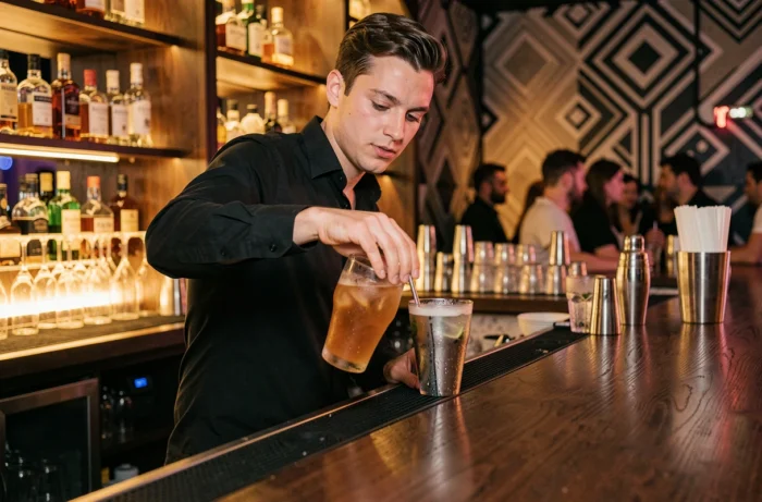 Barman préparant un cocktail dans une boîte de nuit de Rennes avec une décoration moderne