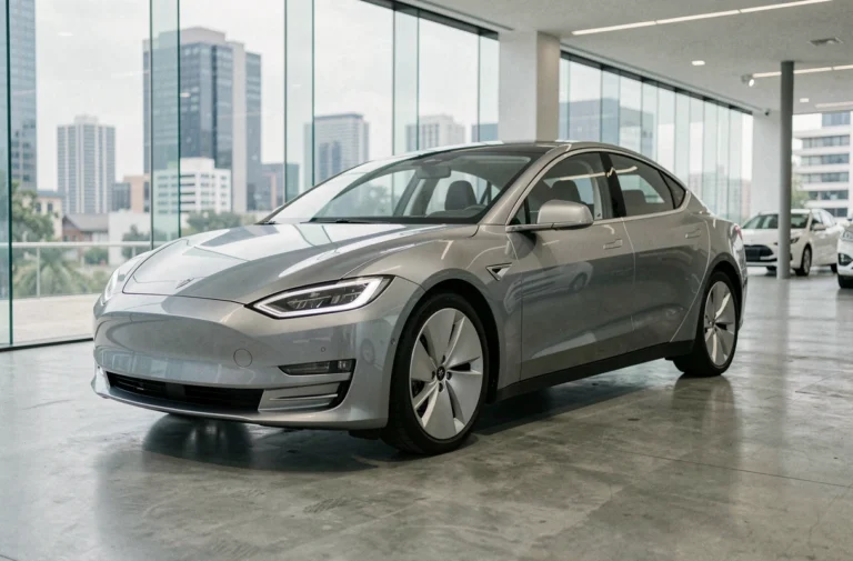 Nouvelle berline électrique exposée dans un showroom automobile moderne aux murs vitrés