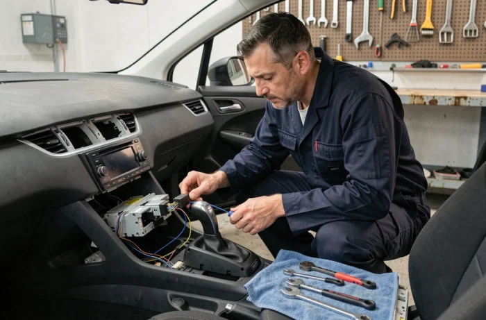 Technicien automobile branchant un autoradio sur le tableau de bord d'une Peugeot 308 avec adaptateur de faisceau électrique
