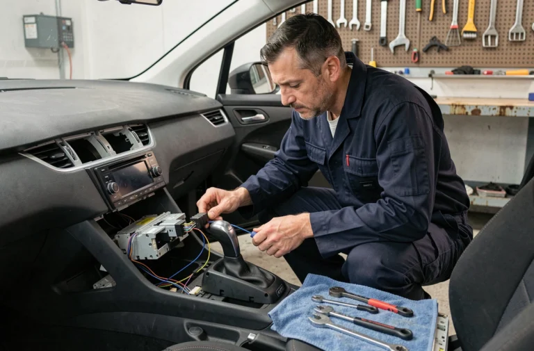 Technicien automobile branchant un autoradio sur le tableau de bord d'une Peugeot 308 avec adaptateur de faisceau électrique