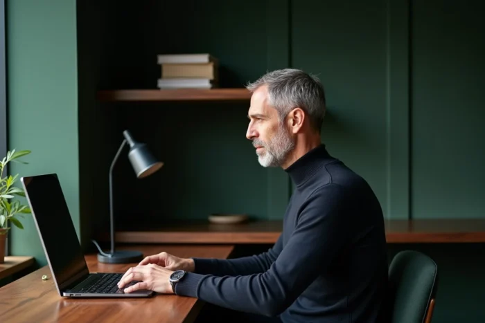 Homme travaillant dans un bureau à domicile aménagé dans une alcôve de couloir avec papier peint velours vert foncé et bureau en noyer