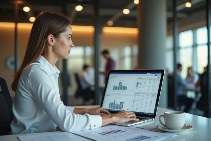 Analyste financière calculant le coût réel d'un camion sur tableur en bureau d'entreprise