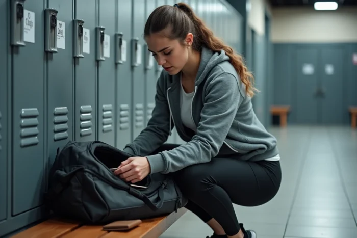 Jeune femme fouillant son sac de sport dans un vestiaire après avoir perdu sa carte Basic Fit
