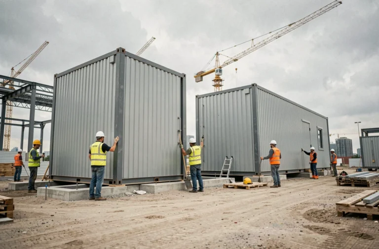 Ouvriers assemblant des modules préfabriqués sur un chantier de construction modulaire urbain