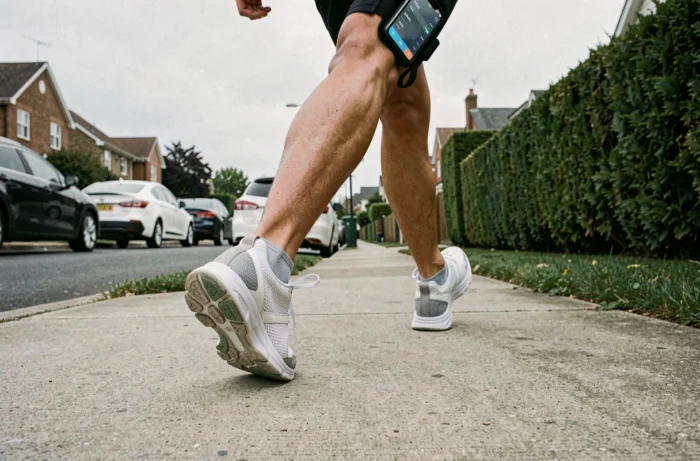 Chaussures de running et brassard avec application podomètre gratuite pendant une marche en milieu urbain