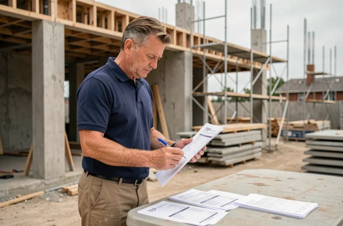 Chef de chantier BTP analysant des devis sur un chantier de construction en cours