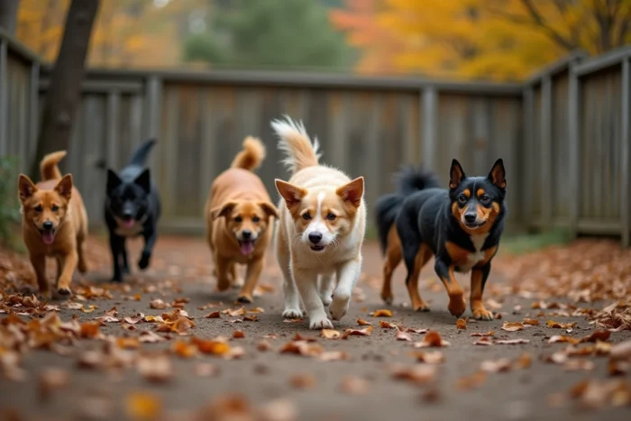 Groupe de chiens de races mixtes jouant dans un parc canin en automne