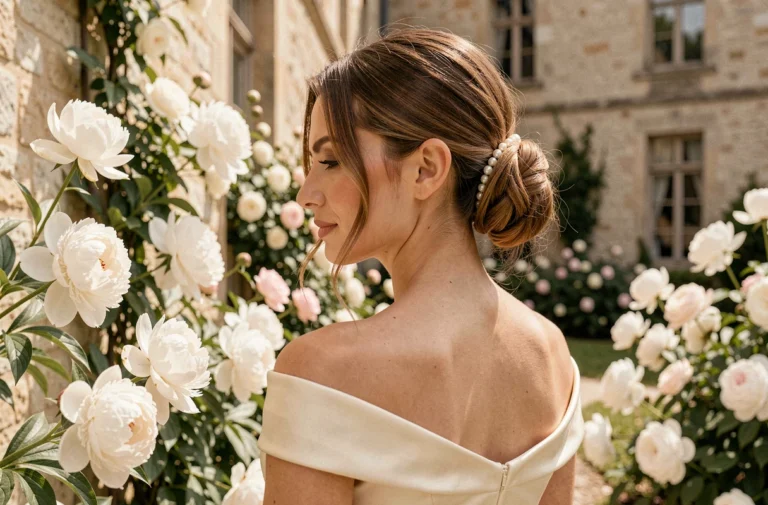 Mariée avec un carré court coiffé en chignon élégant orné d'épingles en perles dans un jardin de château français fleuri de pivoines blanches