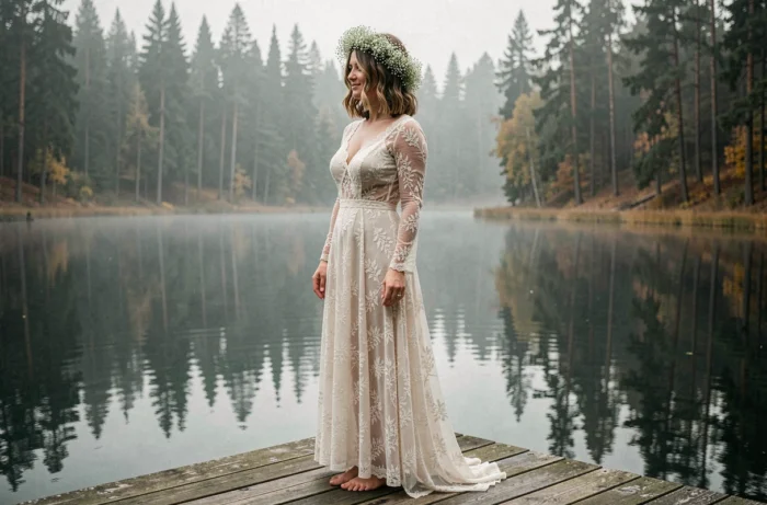 Mariée bohème avec carré texturé orné d'une couronne de fleurs fraîches debout sur un ponton en bois au bord d'un lac brumeux en forêt