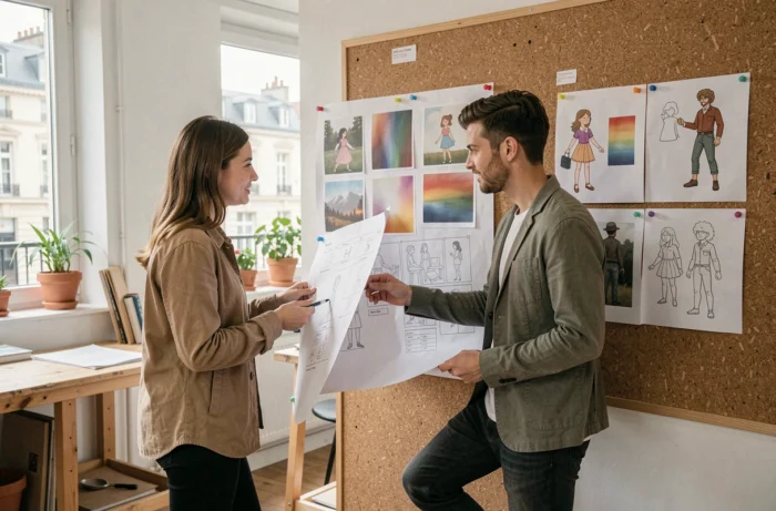 Deux jeunes diplômés en infographie 3D collaborant sur un projet de conception artistique dans une agence créative à Rennes