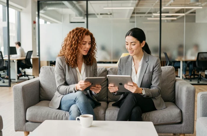 Deux femmes collaborant sur une formation digitale innovante avec des tablettes dans un espace lounge de bureau moderne