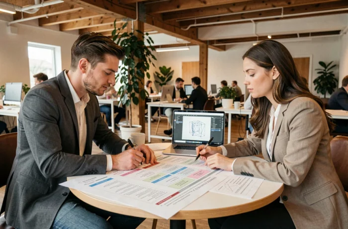 Deux professionnels collaborent autour d'un plan de contenu imprimé et d'un outil de wireframe dans un espace de coworking
