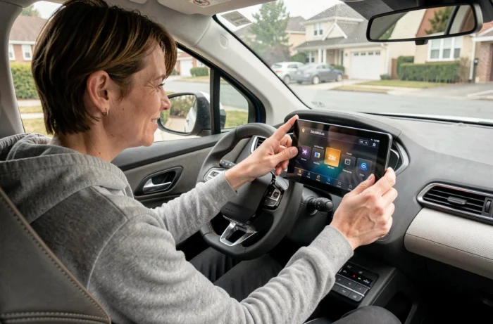 Femme utilisant les commandes au volant d'une Peugeot 3008 après installation d'un autoradio aftermarket