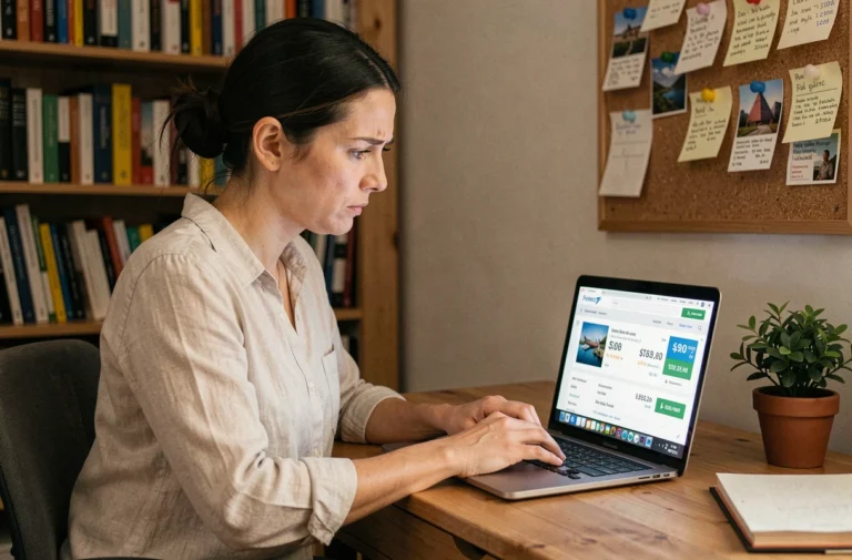 Femme comparant les prix de vols vers la Corse sur un ordinateur portable depuis son bureau