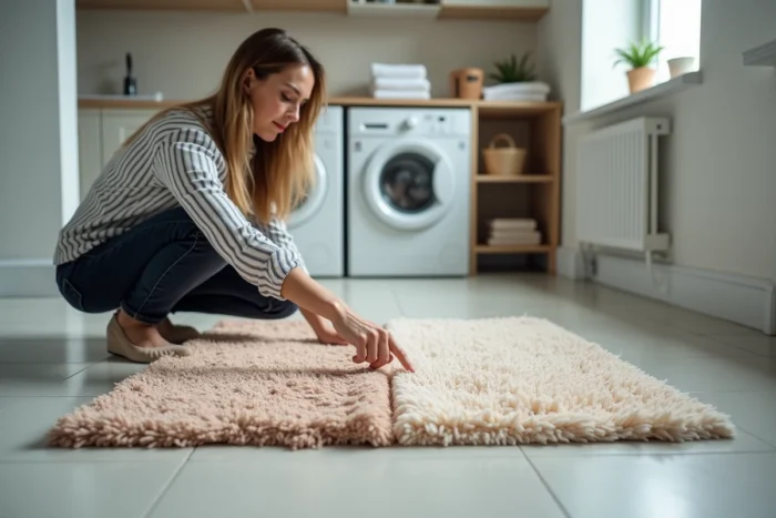 Comparaison visuelle d'un tapis shaggy sale et propre avec une femme évaluant le résultat d'un nettoyage