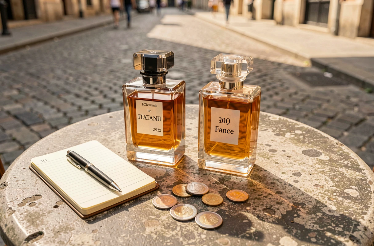 Comparatif de flacons de parfum avec étiquettes de prix italienne et française posés sur une table en pierre, guide d'achat parfum moins cher en Europe