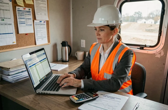 Conductrice de travaux BTP travaillant sur un devis chantier dans un bureau de chantier