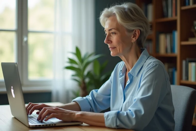 Femme connectée à sa messagerie Neuf Mail sur un ordinateur portable dans un bureau à domicile
