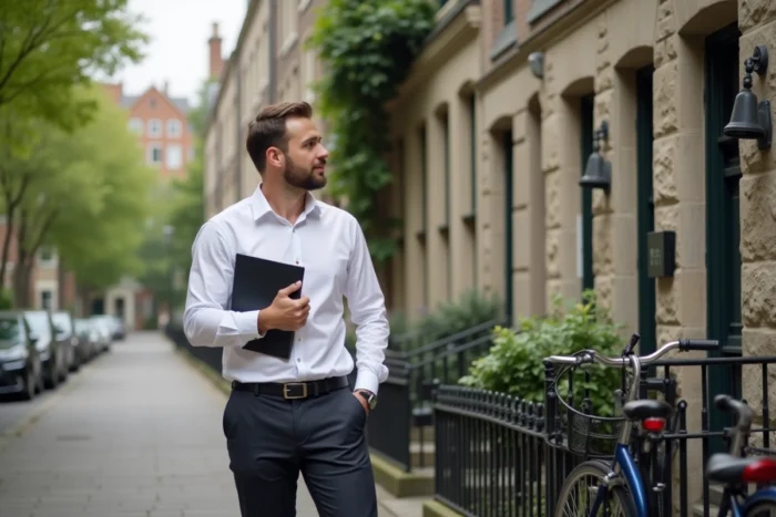 Conseiller immobilier évaluant un immeuble résidentiel de quartier lors d'une visite de proximité
