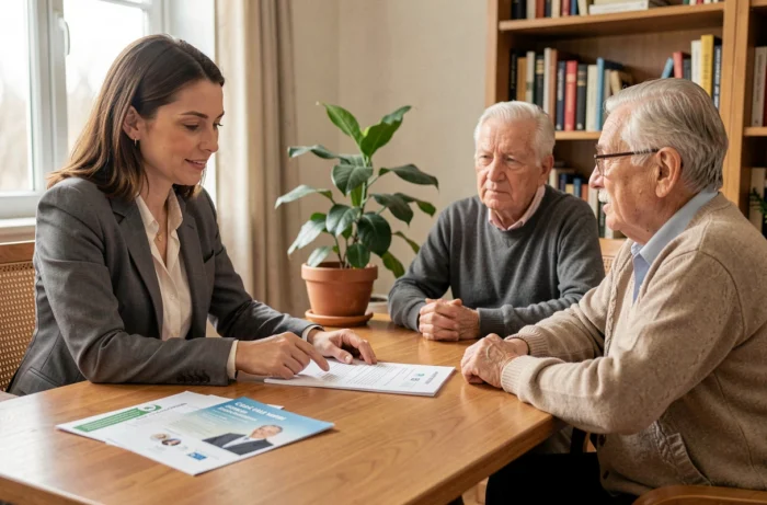 Conseillère Age d'Or Services présentant les tarifs et prestations 2026 à un couple de seniors lors d'un entretien à domicile