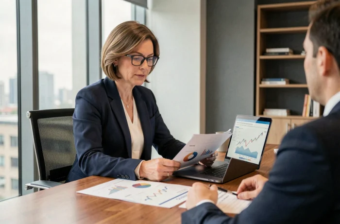 Conseillère financière expérimentée analysant des graphiques et des données financières avec un client dans un bureau moderne