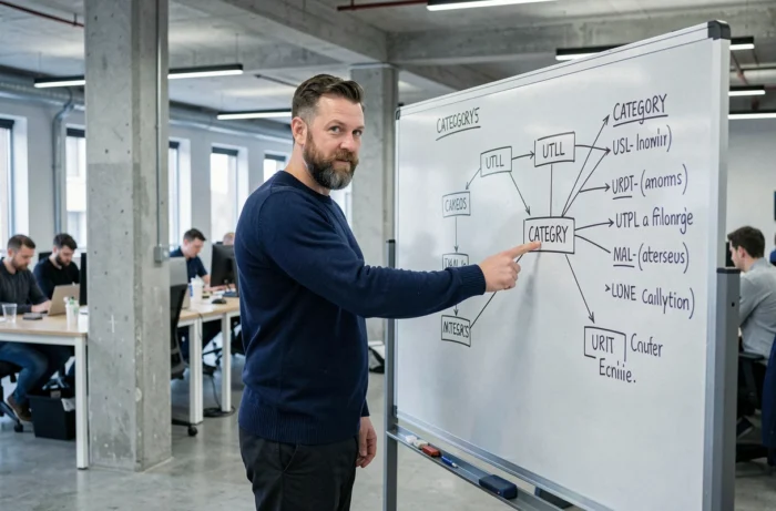 Un consultant SEO présente une architecture de sitemap web sur un tableau blanc dans un espace de coworking