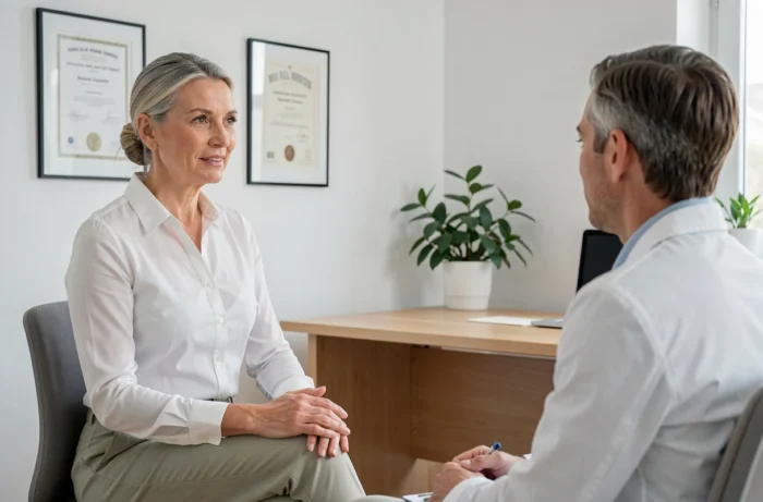 Femme en consultation médicale dans un cabinet moderne en Suisse, assise face à un médecin généraliste dans un environnement clinique épuré et professionnel