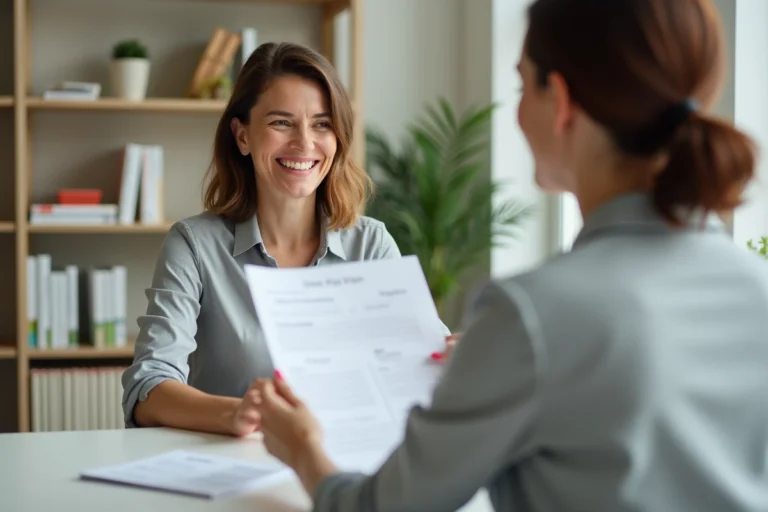 Femme consultant une nutritionniste Naturhouse et souriant face à son plan alimentaire personnalisé