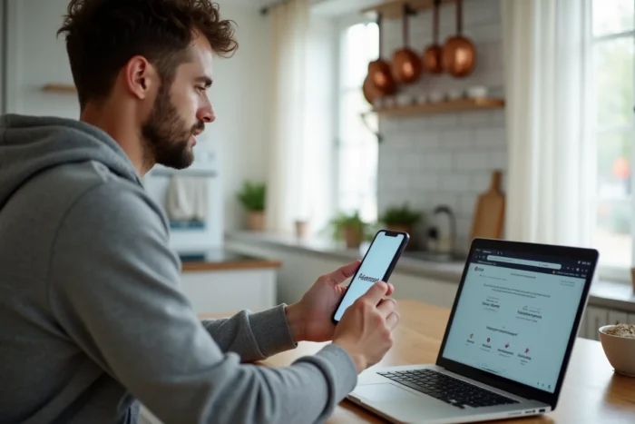 Personne consultant le service client de Télé Z sur son smartphone et son ordinateur portable pour résoudre un problème d'abonnement