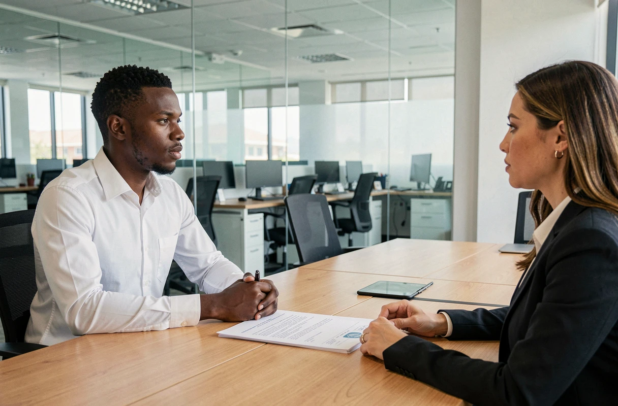 Un jeune professionnel sénégalais signe un contrat de travail avec un responsable RH dans un bureau moderne, illustrant les négociations salariales au Sénégal