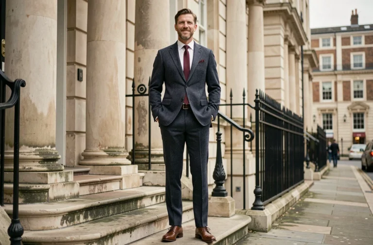 Homme élégant en costume tweed bleu marine taillé sur mesure devant un bâtiment géorgien à Londres, style mode masculine britannique