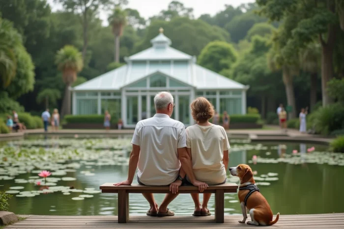 Couple avec leur beagle en harnais assis sur un banc dans un jardin botanique près d'un bassin