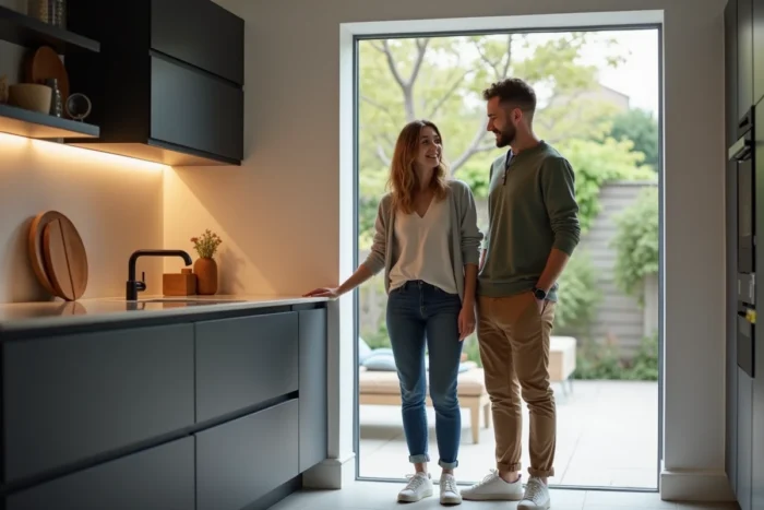 Couple satisfait inspectant leur nouvelle cuisine Tyko Cuisine après l'installation complète